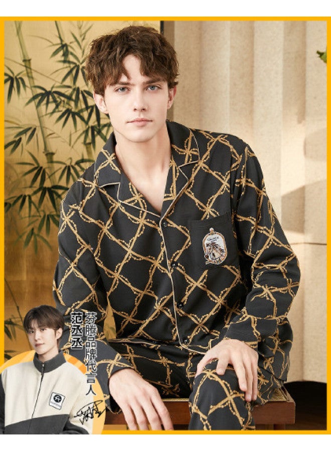 Fenton dunhuang Museum Co-branded Men's Pajama Set - New Chinese Style Lapel Long-sleeve Homewear - Image 1