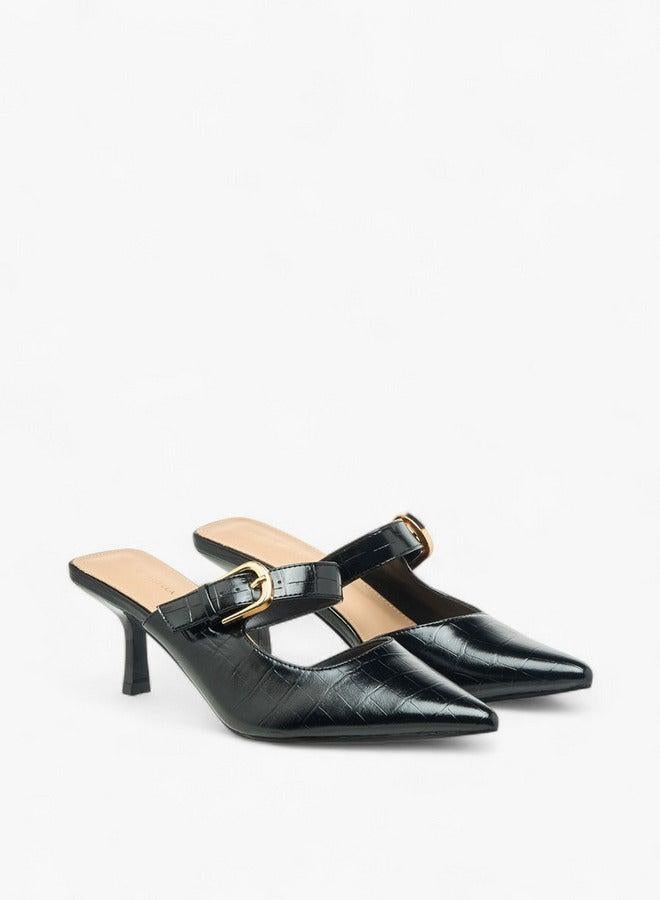 Flora Bella By Shoexpress Womens Textured Buckle Detail Flared Heel Mules - Image 3