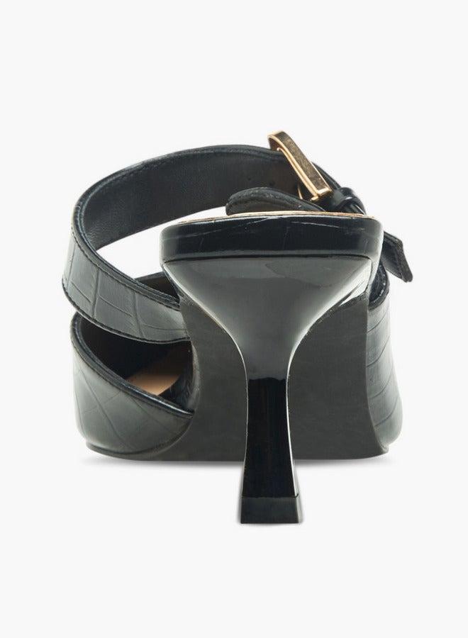 Flora Bella By Shoexpress Womens Textured Buckle Detail Flared Heel Mules - Image 5