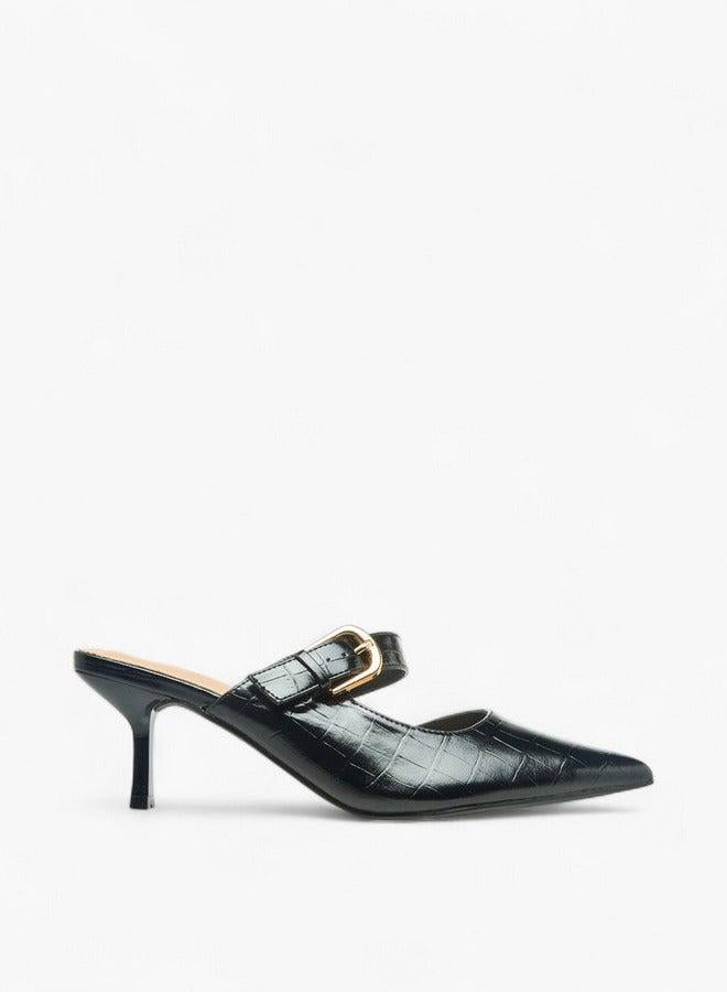 Flora Bella By Shoexpress Womens Textured Buckle Detail Flared Heel Mules - Image 2