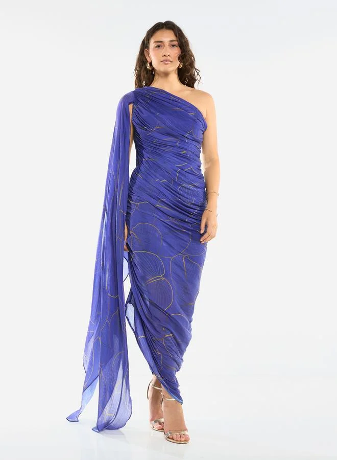 House of Moda One-Shoulder Ruched Drape Column Gown