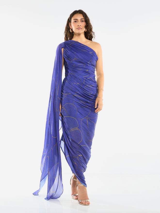 House of Moda One-Shoulder Ruched Drape Column Gown - Image 1