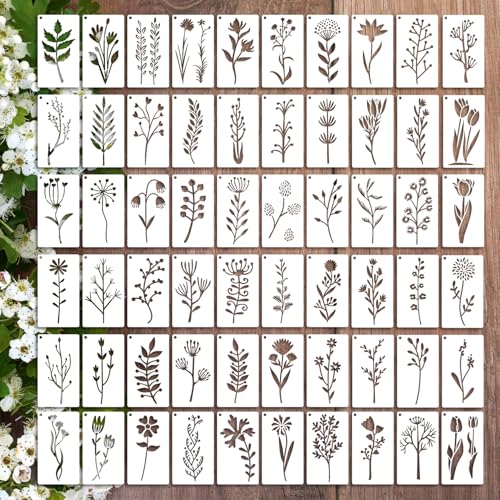 QSZKeer 60Pcs Small Wildflower Stencils Flower Leaf Painting Stencils Wild Flower Stencil Plastic Art Drawing Templates DIY Crafts Plant Stencil For Painting On Wood Wall Door Canvas 2X3.5Inch - Image 1