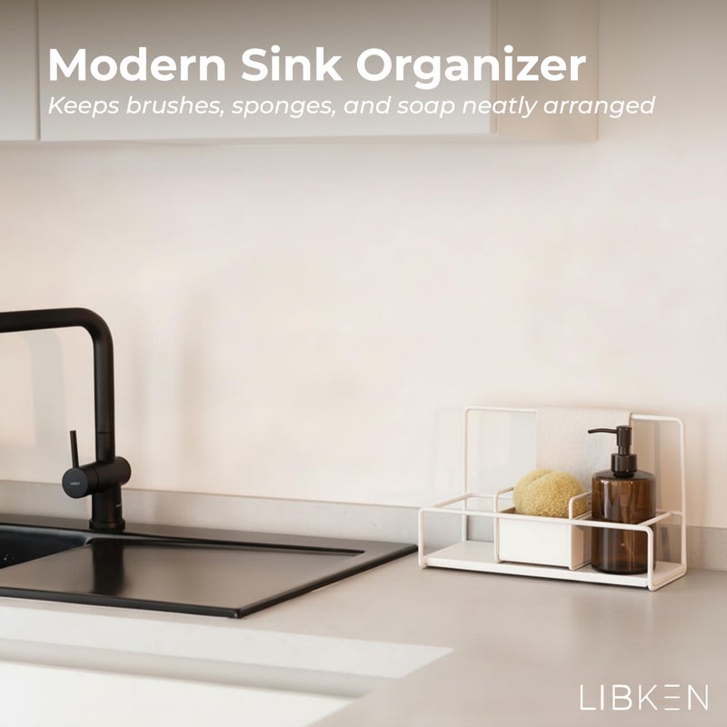 LIBKEN Kitchen Sponge Holder with Drying Stone â€“ Warm Grey Powder Coated Metal Sink Caddy â€“ Minimal Scandinavian Design Sponge Rack for Kitchen Sink Organization & Elegant Countertop Storage - Image 2