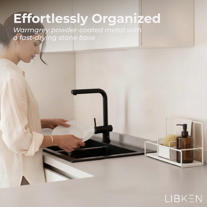 LIBKEN Kitchen Sponge Holder with Drying Stone â€“ Warm Grey Powder Coated Metal Sink Caddy â€“ Minimal Scandinavian Design Sponge Rack for Kitchen Sink Organization & Elegant Countertop Storage - Image 4