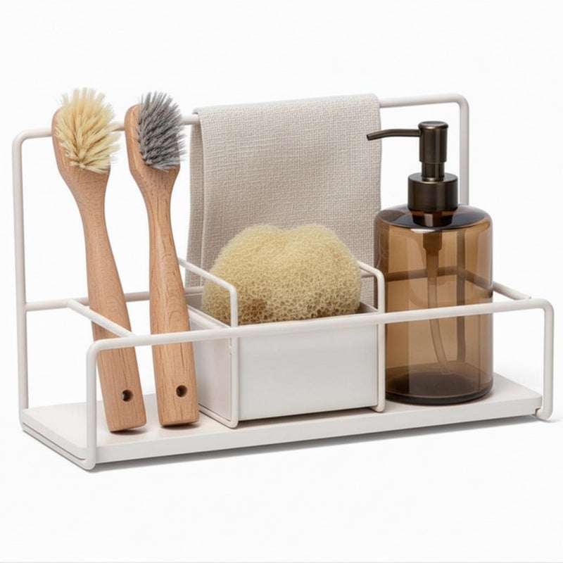 LIBKEN Kitchen Sponge Holder with Drying Stone â€“ Warm Grey Powder Coated Metal Sink Caddy â€“ Minimal Scandinavian Design Sponge Rack for Kitchen Sink Organization & Elegant Countertop Storage - Image 1