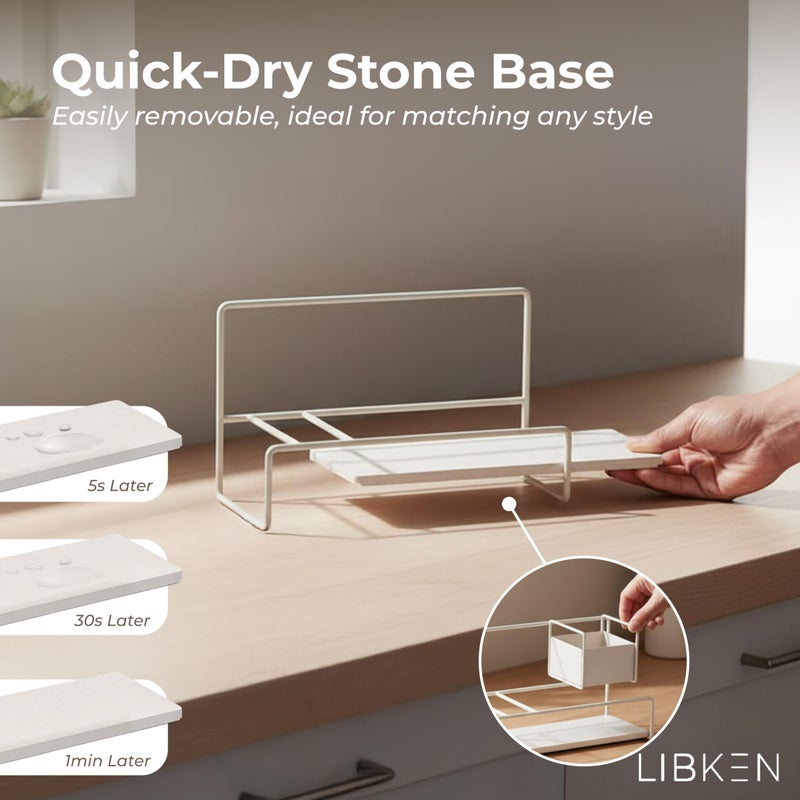 LIBKEN Kitchen Sponge Holder with Drying Stone â€“ Warm Grey Powder Coated Metal Sink Caddy â€“ Minimal Scandinavian Design Sponge Rack for Kitchen Sink Organization & Elegant Countertop Storage - Image 5