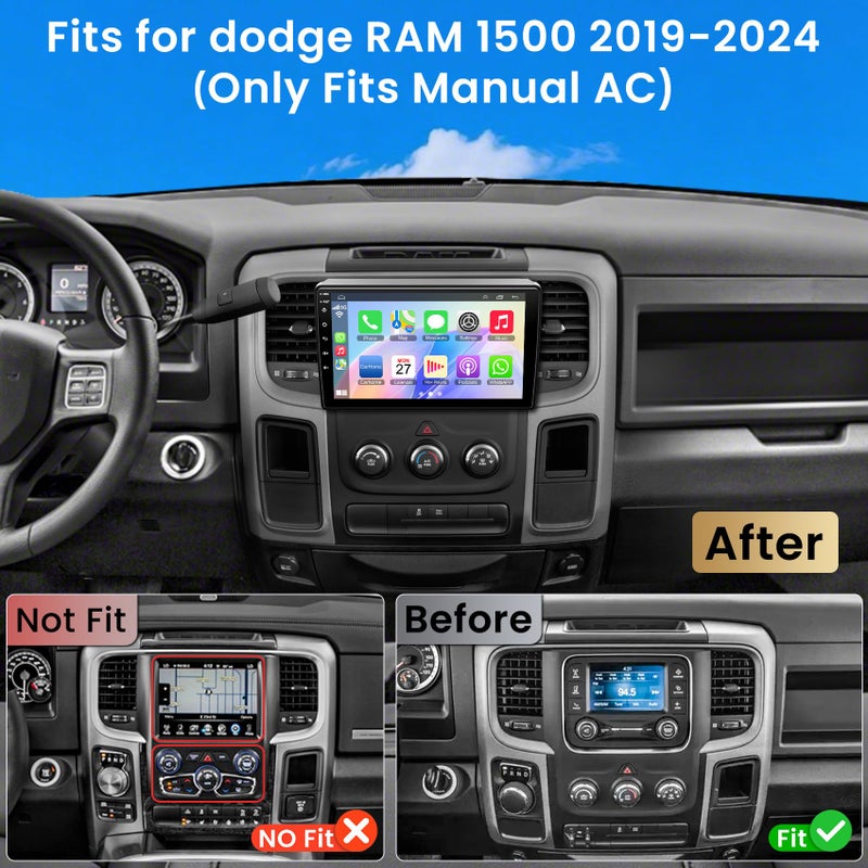 electrosmart Car Radio for Dodge RAM 1500 Upgrade 2019 2020 2021 2022 2023 2024, with Wireless CarPlay and Android Auto,9'' Android 13 Touch Screen Radio GPS Navigation,4G Ram 64G ROM(Only fit Manual AC) - Image 2