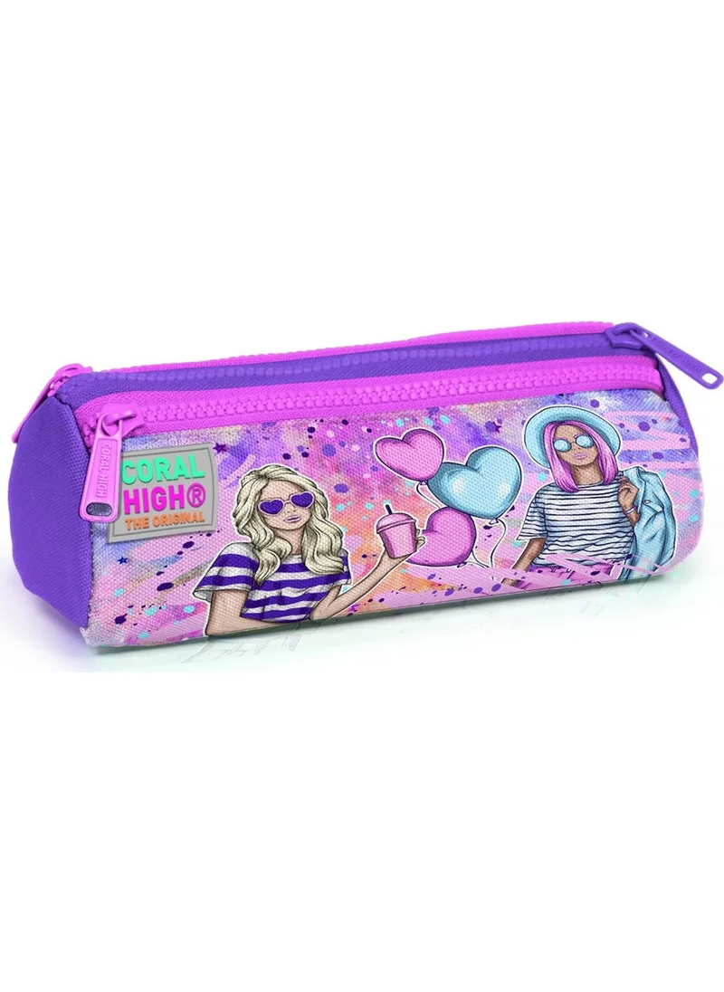 كورال هاي Kids Pink Purple Fashion Girl Patterned Three Compartment Pencil Bag 22055
