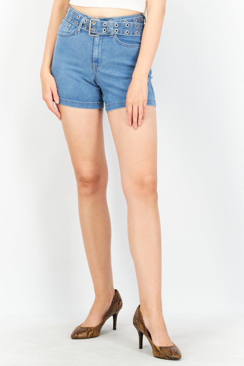 NA-KD Women Solid Belted Denim Shorts, Blue - Image 1