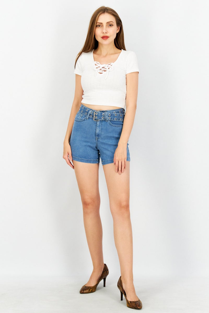 NA-KD Women Solid Belted Denim Shorts, Blue - Image 4