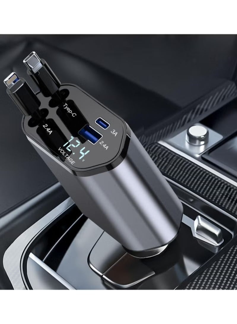 120W Max 4-in-1 Retractable Fast Car Charger | 2 Retractable Cables + Type-C & Quick Charge USB Ports | Compatible with iPhone 15-12 Pro Max/XR/XS, Galaxy, Pixel - Image 1