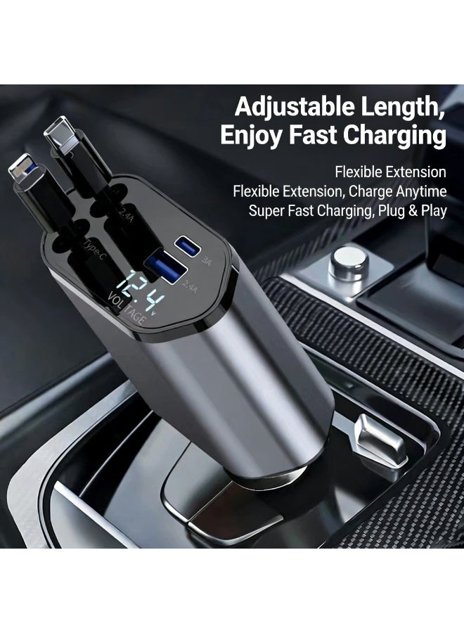 120W Max 4-in-1 Retractable Fast Car Charger | 2 Retractable Cables + Type-C & Quick Charge USB Ports | Compatible with iPhone 15-12 Pro Max/XR/XS, Galaxy, Pixel - Image 3