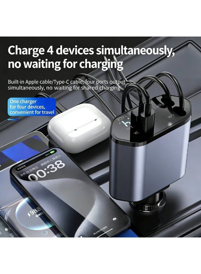 120W Max 4-in-1 Retractable Fast Car Charger | 2 Retractable Cables + Type-C & Quick Charge USB Ports | Compatible with iPhone 15-12 Pro Max/XR/XS, Galaxy, Pixel - Image 2