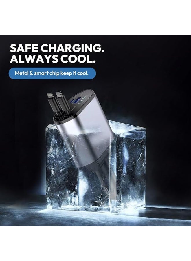 120W Max 4-in-1 Retractable Fast Car Charger | 2 Retractable Cables + Type-C & Quick Charge USB Ports | Compatible with iPhone 15-12 Pro Max/XR/XS, Galaxy, Pixel - Image 5