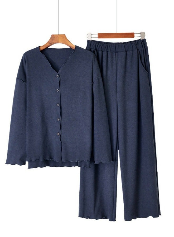 Loquat Women's Solid Color 2-Piece Set Loose Nightgown Sleepwear Long Sleeve V-Neck Top And Pants Soft Loungewear Wear Warm Pajamas Suit Navy Blue 
