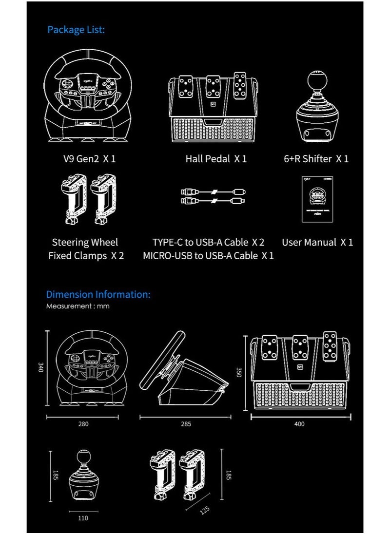 Generic - V9 Gen2 270° / 900° Racing Steering Wheel Bundle with 3-Pedals & 6+R Shifter – Dual Motor Vibration, Hall Effect Pedals, RGB Lights – Multi-Platform for PC, Xbox Series X/S, PS4, PS3, Switch – Magnetic Encoder & Adjustable Clamps - Image 1