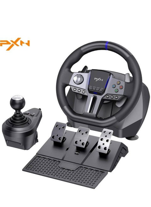 V9 Gen2 270° / 900° Racing Steering Wheel Bundle with 3-Pedals & 6+R Shifter – Dual Motor Vibration, Hall Effect Pedals, RGB Lights – Multi-Platform for PC, Xbox Series X/S, PS4, PS3, Switch – Magnetic Encoder & Adjustable Clamps