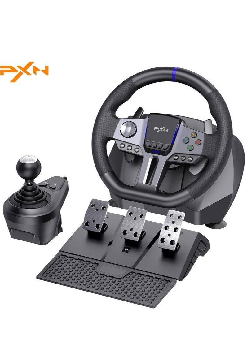 Generic - V9 Gen2 270° / 900° Racing Steering Wheel Bundle with 3-Pedals & 6+R Shifter – Dual Motor Vibration, Hall Effect Pedals, RGB Lights – Multi-Platform for PC, Xbox Series X/S, PS4, PS3, Switch – Magnetic Encoder & Adjustable Clamps - Image 1