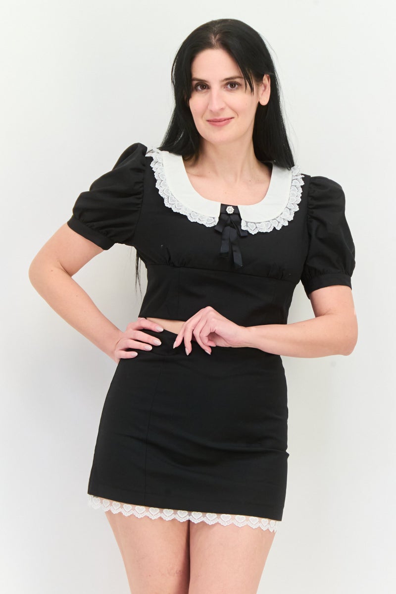 STEVE MADDEN Women 2 Pcs Peter Pan Collar Balloon Sleeve Plain Top And Skirt Set, Black  - Image 1