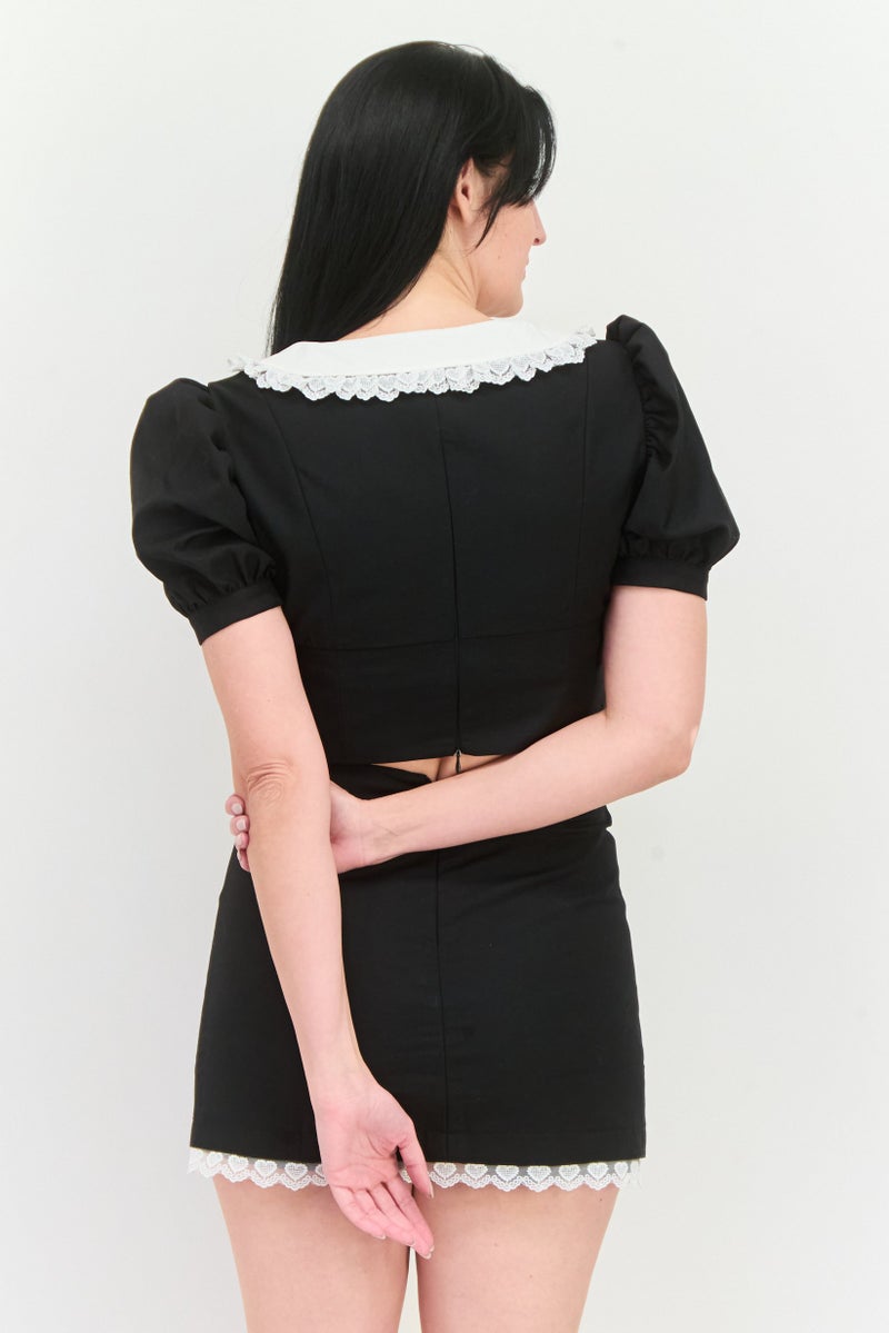 STEVE MADDEN Women 2 Pcs Peter Pan Collar Balloon Sleeve Plain Top And Skirt Set, Black  - Image 4