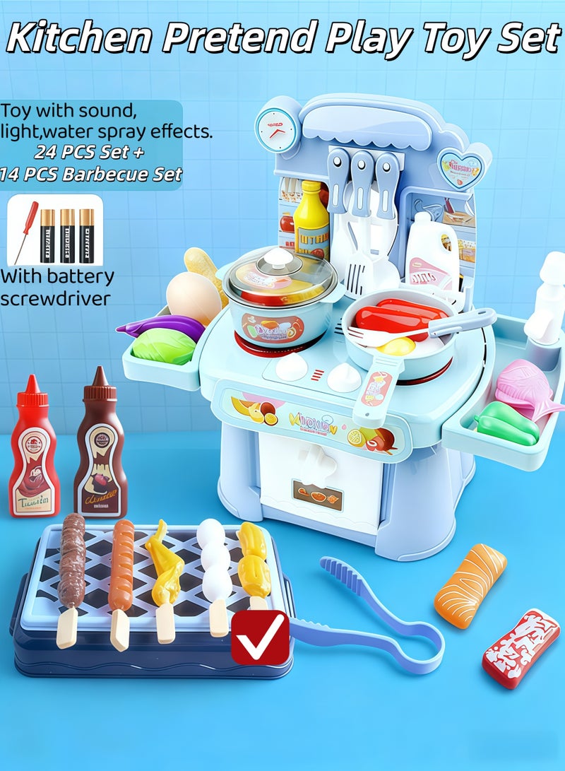 Kitchen Pretend Play Toy Set, Kitchen Playset For Kids, Children Role Play Cookware With Light, Spray And Play Sink, Kitchen Toy Games Kitchen Accessories Toys Sets Kids Real Cooking Set,for Toddlers,Role Playing Game Pretend Food and Cooking Playset,for Boys Girls Kids(Blue) - Image 1
