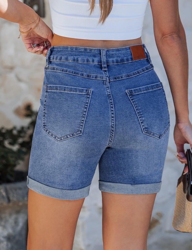 luvamia Jean Shorts for Women High Waisted Trendy Mid Thigh Long Cuffed Hem Women's Shorts Stretchy Denim Western for Women Rolled Up Hem Casual Summer Jorts Medium Blue Size X-Large US 16 to 18 - Image 2