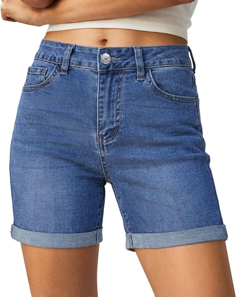 luvamia Jean Shorts for Women High Waisted Trendy Mid Thigh Long Cuffed Hem Women's Shorts Stretchy Denim Western for Women Rolled Up Hem Casual Summer Jorts Medium Blue Size X-Large US 16 to 18 - Image 1