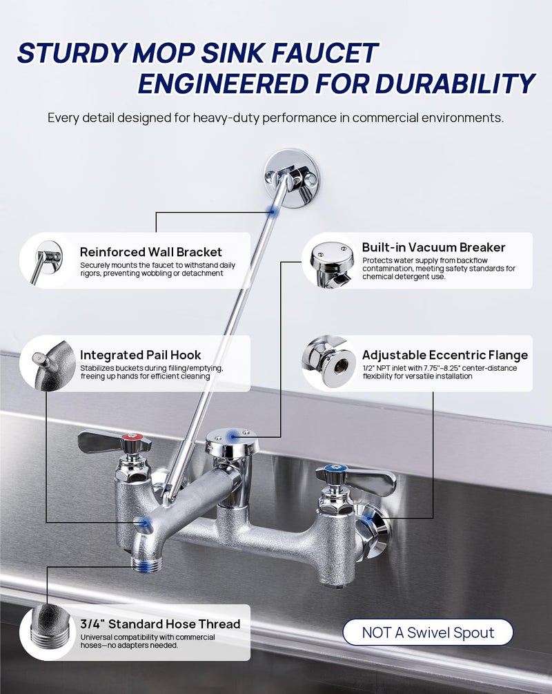 sepaitek [CA avail] Sepaitek Commercial Mop Sink Faucet 8" Center, Heavy-Duty Wall Mount Utility Faucet with Vacuum Breaker 3/4" Hose Thread, Industrial Outdoor Laundry Slop Hot and Cold Hose Bib, Brass Casted - Image 3