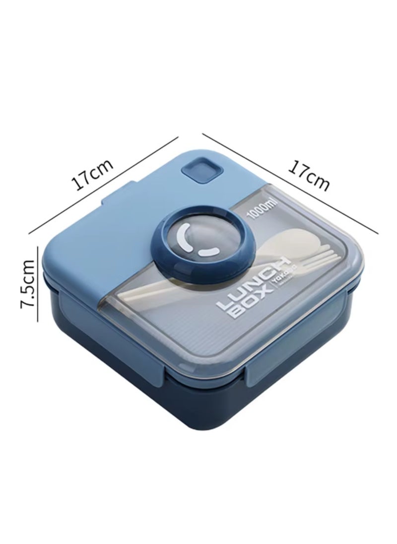 Twisoo Kids Camera Design Bento Lunch Box, 1000ml, Leakproof, BPA-Free, 2 Compartments, with Spoon & Fork, Clip Lock, Spillproof Dip Well, Easy-Open Latch (Gray)