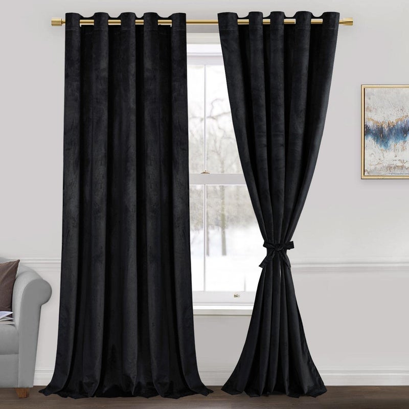 JIUZHEN Black 60 x 96 inches Velvet Blackout Curtains - Extra Wide Insulated Window Covering Noise Absorbing & Privacy Protect Drapes for Living Room/Indoor Decorations  Set of 2 with Tiebacks - Image 1