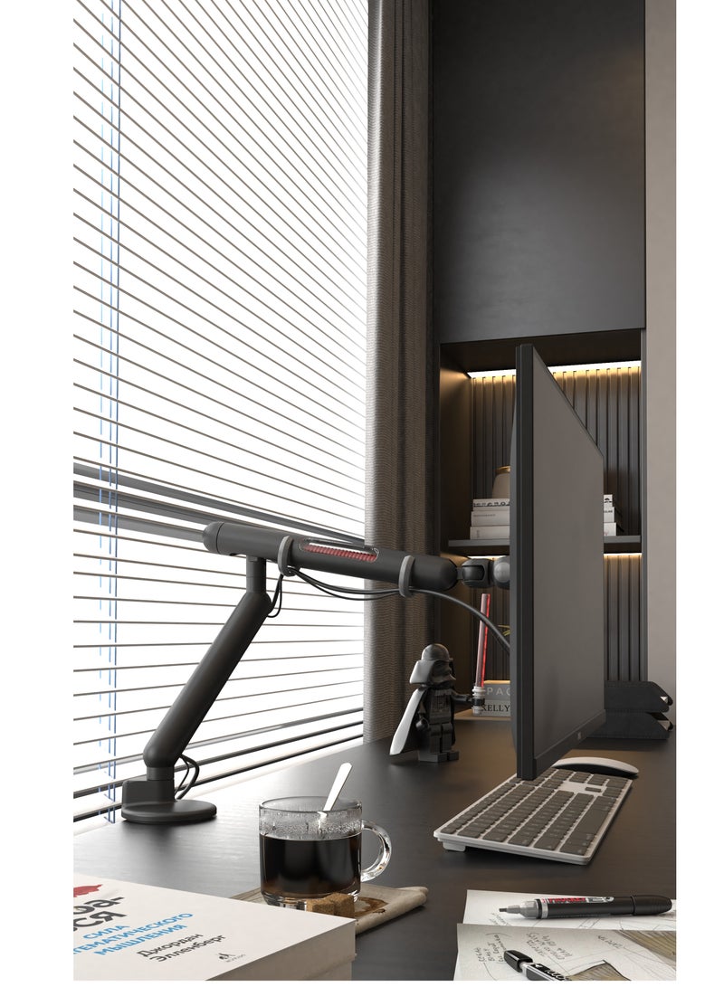 Gaming Monitor Arm Mount: Black, Cable Management, 21" Extension, VESA 75mm/100mm, 18"-28" Monitor Compatibility 9.1kg Weight-Bearing Capacity, Inspired by Star wars Light Saber Design