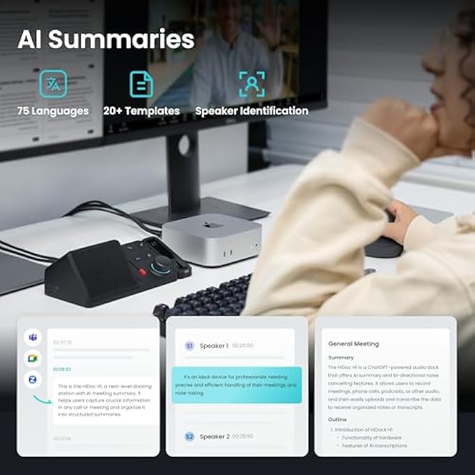 rayihni H1E: محطة إرساء CHATGPT-4O مع مسجل صوت ذكي، تطبيق مجاني، تحويل تلقائي، علامة صوتية مباشرة، 21+ قالب، 57 لغة، سماعة أذن لاسلكية، اجتماعات عبر الإنترنت، مكالمات، محاضرات، أسود - Image 3
