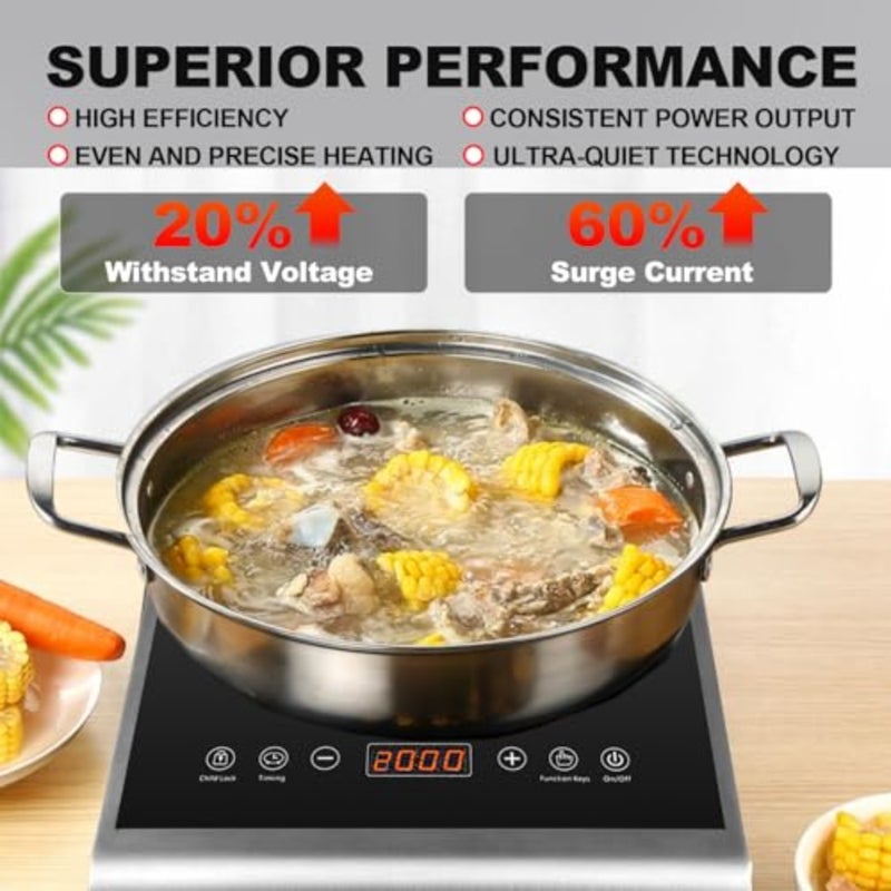 2000W Portable Commercial Induction Cooktop, Slim Stainless Steel Electric Hot Plate with Non-Pulse Continuous Heating for Small Restaurant and Professional Kitchen - Image 5