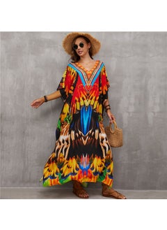 2022 Boho Cotton Print Beach Cover-Up V-Neck Maxi DN0920 colored feather