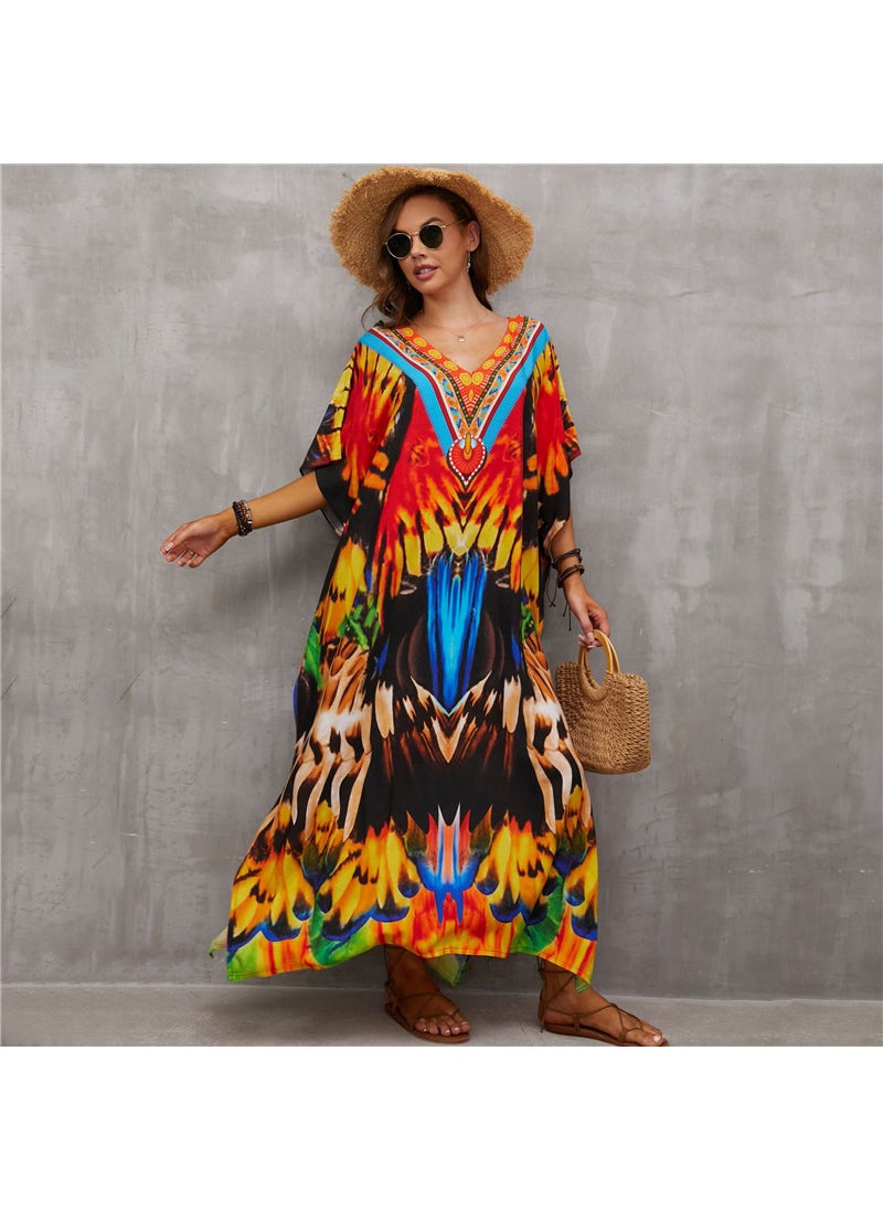 Generic - 2022 Boho Cotton Print Beach Cover-Up V-Neck Maxi DN0920 colored feather - Image 1