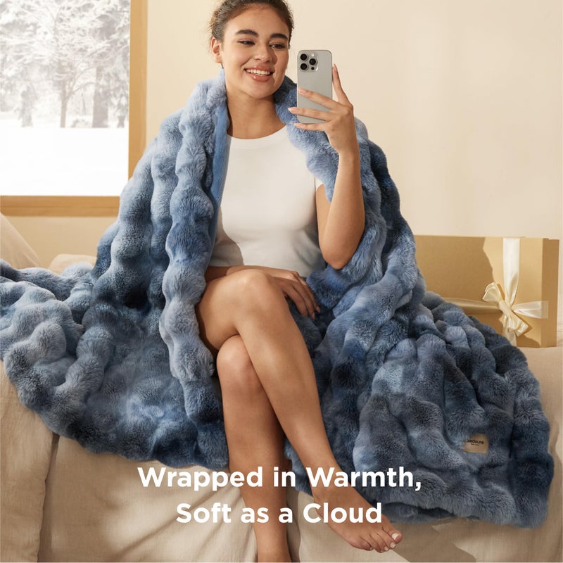 Bedsure GentleSoft Fluffy Fuzzy Tie-dye Blue Throw Blanket, Soft Cozy Fleece Faux Fur Blanket for Couch, Navy Blue Room Decor Minky Velvet Bed Cover, Thick Warm Plush Women Men Birthday Gifts - Image 2