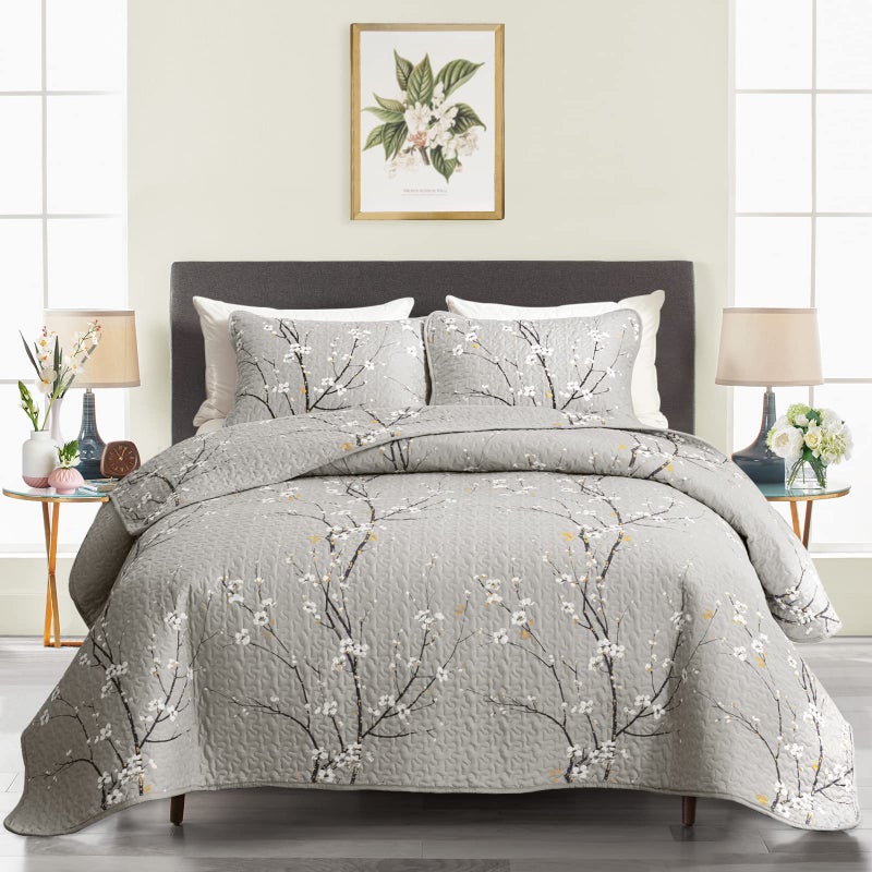 UOZZI BEDDING 3 Piece Reversible Quilt Set Gray Branch Queen Full Size 88x88 Soft Microfiber Lightweight Coverlet Bedspread Summer Comforter Set Bed Cover for All Season (1 Quilt+ 2 Shams)