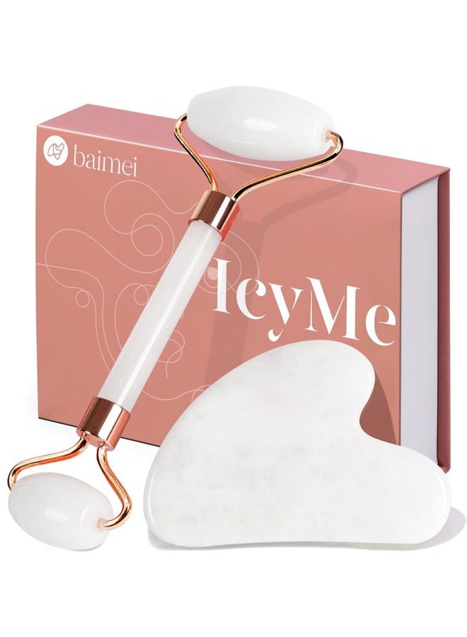 BAIMEI Jade Roller & Gua Sha Set Face Roller and Gua Sha Facial Tools for Skin Care Routine and Puffiness, Self Care Gift for Men Women - White - Image 1