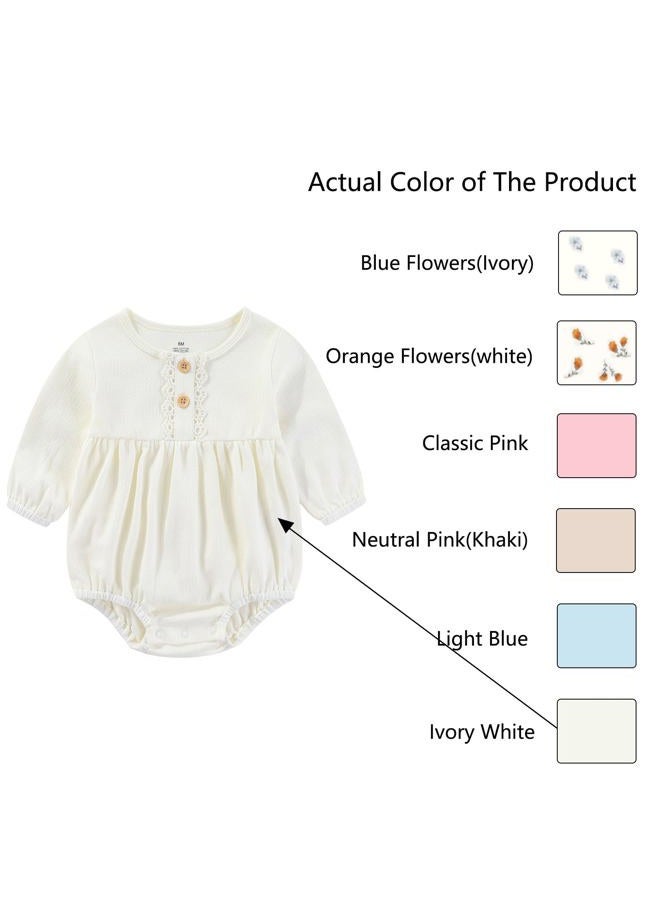 Ruliby Baby Girl Outfit Cotton Bubble Romper Floral Dress Infant Girls Clothes 3-pack, Long-sleeved Beige/Orange Floral/Light Khaki, 0-3 Months - Image 4