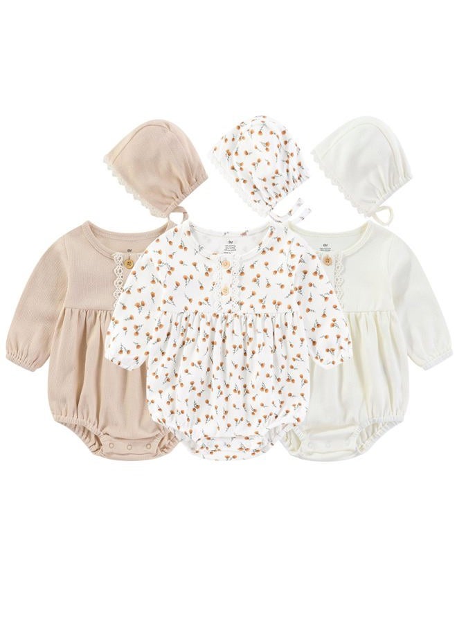 Ruliby Baby Girl Outfit Cotton Bubble Romper Floral Dress Infant Girls Clothes 3-pack, Long-sleeved Beige/Orange Floral/Light Khaki, 0-3 Months - Image 1