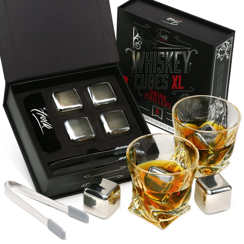 Frolk 4 XL Stainless Steel Whisky Ice Cubes Special Tongs  Freezer Pouch in Luxury Gift Box for Whiskey Lovers 