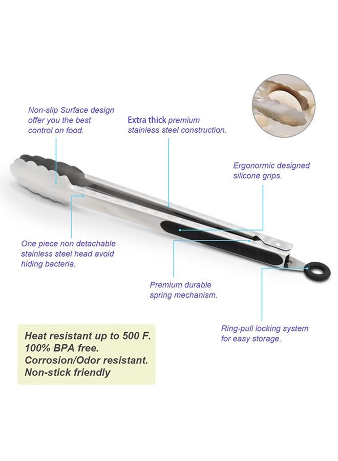 الفولاذ المقاوم للصدأ مطبخ الطبخ كماشة ، مقاومة للحرارة 600 درجة الفولاذ المقاوم للصدأ مطبخ كماشة ، مثالية للأغذية وسلطة للشواء مجموعة ( 27 سم و 34 سم ) - Image 2