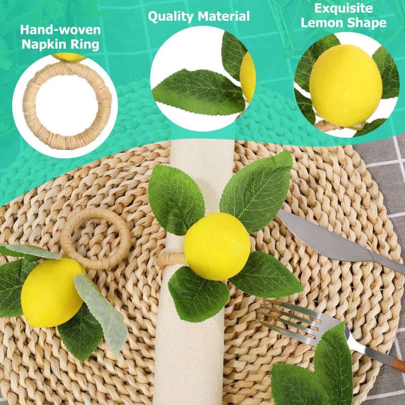 وولاين Whaline 15pcs حلقات منديل الليمون فو فولكن منديل الليمون ريفي مزرعة الليمون كرمة من منديل الخواتم الصفراء الصيفية الفاكهة الابازيم لحفل الزفاف عيد ميلاد حفل عشاء الطاولة - Image 3