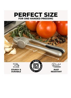MahMir MahMir® Kitchen Premium Garlic Press with Soft, Easy to Squeeze Handle Includes Silicone Garlic Peeler & Cleaning Brush  3 Piece Garlic Mincer Tool Sturdy Easy to Clean Garlic and Ginger Crusher  - Image 2