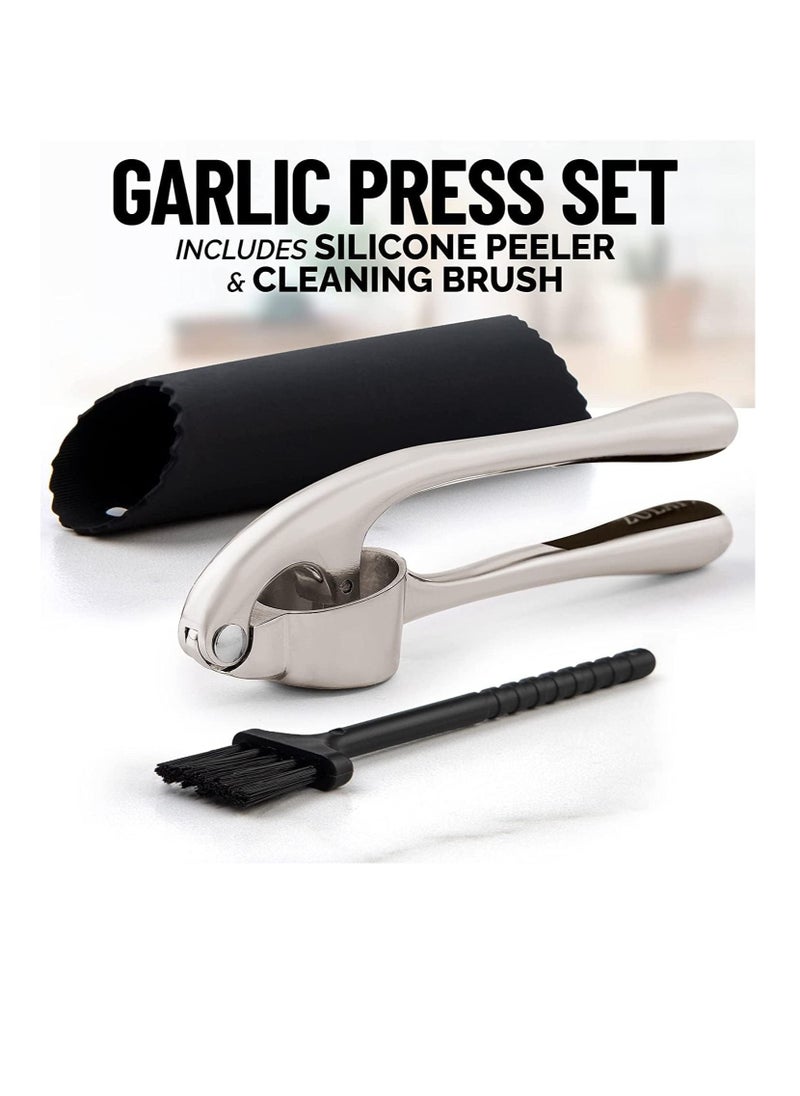 MahMir - MahMir® Kitchen Premium Garlic Press with Soft, Easy to Squeeze Handle Includes Silicone Garlic Peeler & Cleaning Brush  3 Piece Garlic Mincer Tool Sturdy Easy to Clean Garlic and Ginger Crusher - Image 1