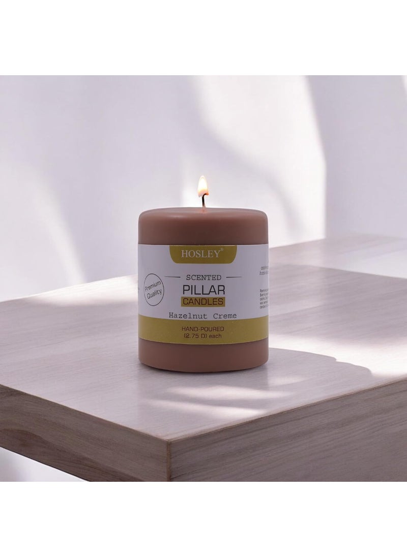 Hosley - HOSLEY 3 Inch Long|Hazelnut Creme Fragrance Brown Pillar Candles|Soy & Paraffin Wax Candles for Home Decor|45 Hours Burning Time| Smokeless & Dripless|2.75 Inch Diameter|Pack of 1 - Image 1