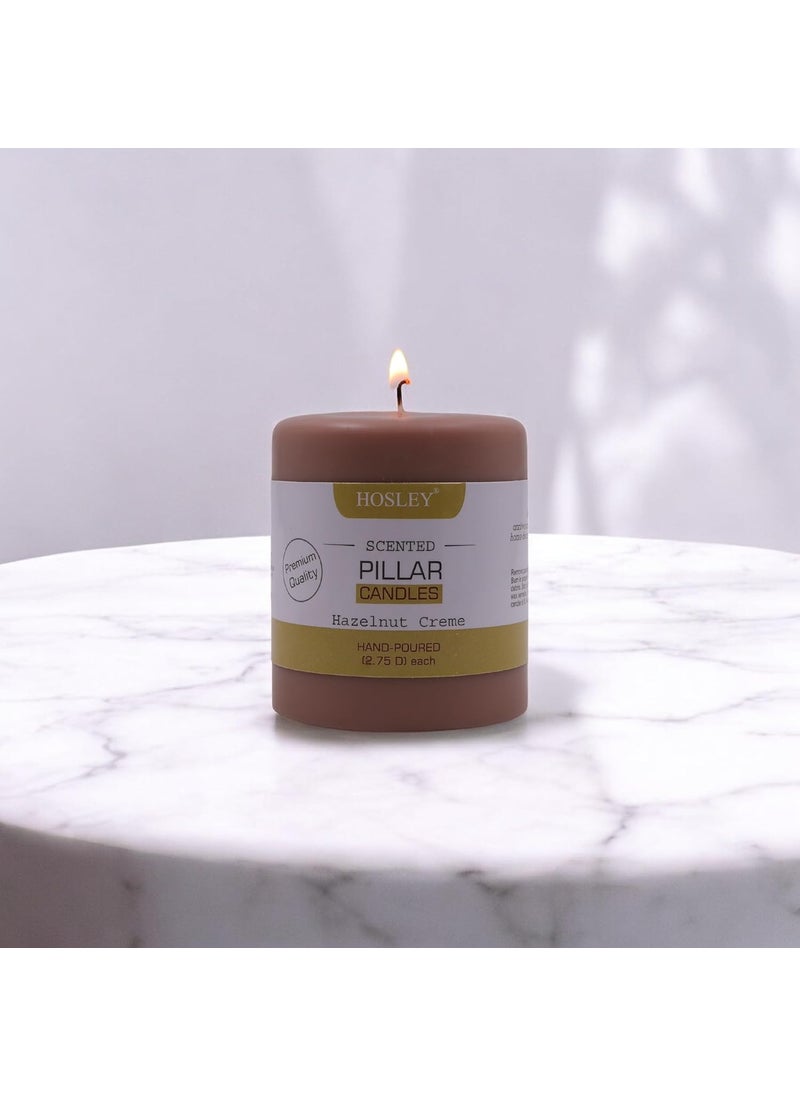 Hosley - HOSLEY 3 Inch Long|Hazelnut Creme Fragrance Brown Pillar Candles|Soy & Paraffin Wax Candles for Home Decor|45 Hours Burning Time| Smokeless & Dripless|2.75 Inch Diameter|Pack of 1 - Image 1