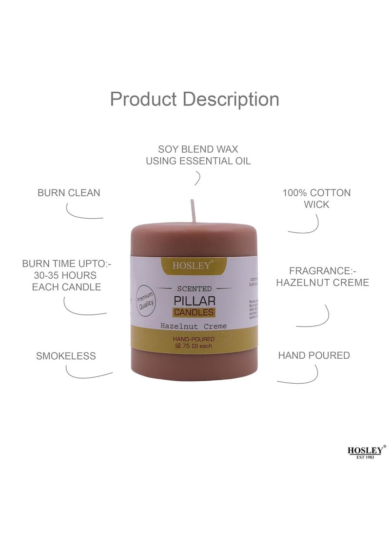 Hosley - HOSLEY 3 Inch Long|Hazelnut Creme Fragrance Brown Pillar Candles|Soy & Paraffin Wax Candles for Home Decor|45 Hours Burning Time| Smokeless & Dripless|2.75 Inch Diameter|Pack of 1 - Image 1