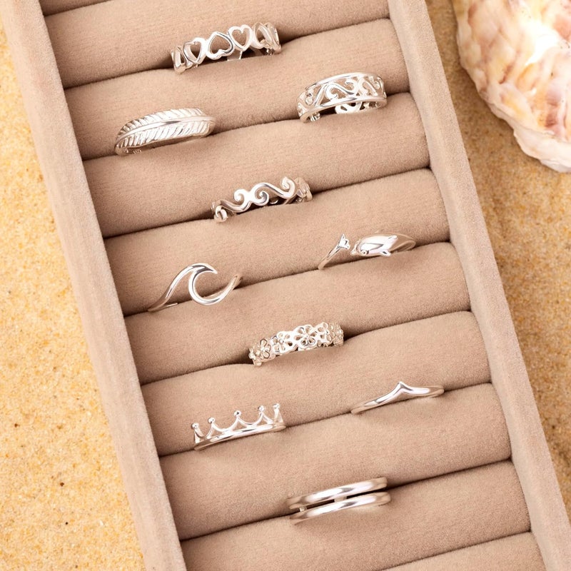 Amberta Adjustable 925 Sterling Silver Toe Ring for Women | Wave Hearts Flower Dolphin Crown Leaf Boho Foot Jewelry - Image 3